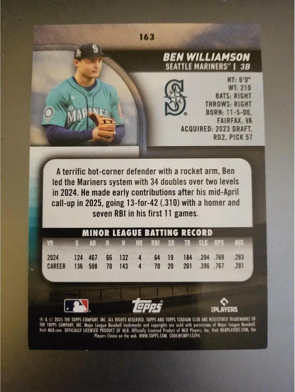 Ben Williamson (RC) 2025 Stadium Club  #163 - Mariners - RAW Mint